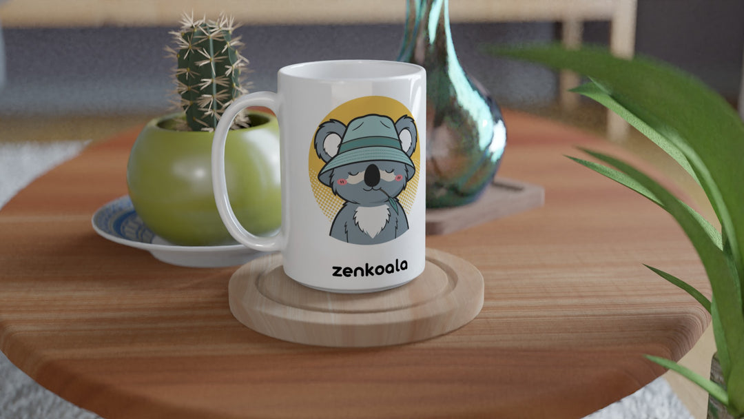 Koala Zinc and Bucket Hat 15oz mug on a wooden table with a cactus, Zen Koala Australia