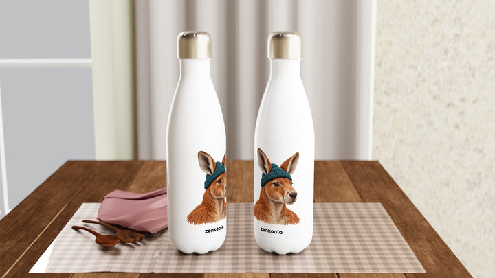Two Kangaroo Beanie water bottles on a table, Zen Koala Australia
