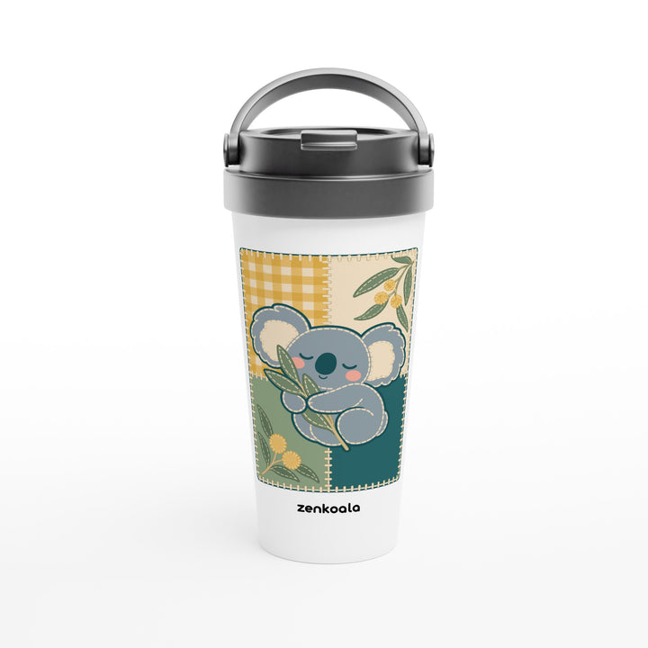 Koala Quilt feel-good travel mug: a sleeping koala on a quilt block, Zen Koala Australia