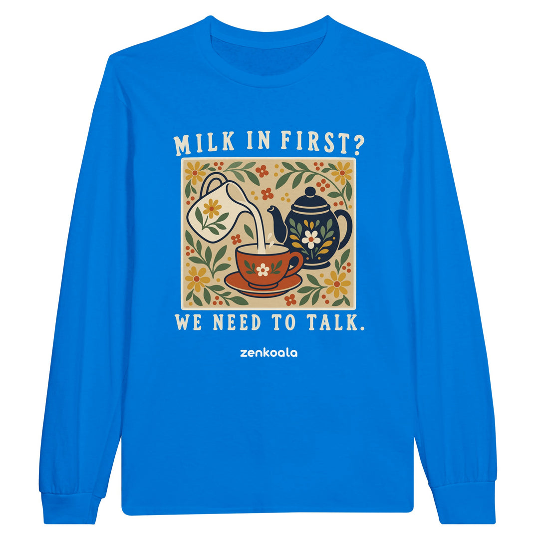Milk in First feel-good long sleeve tee in royal, Zen Koala Australia