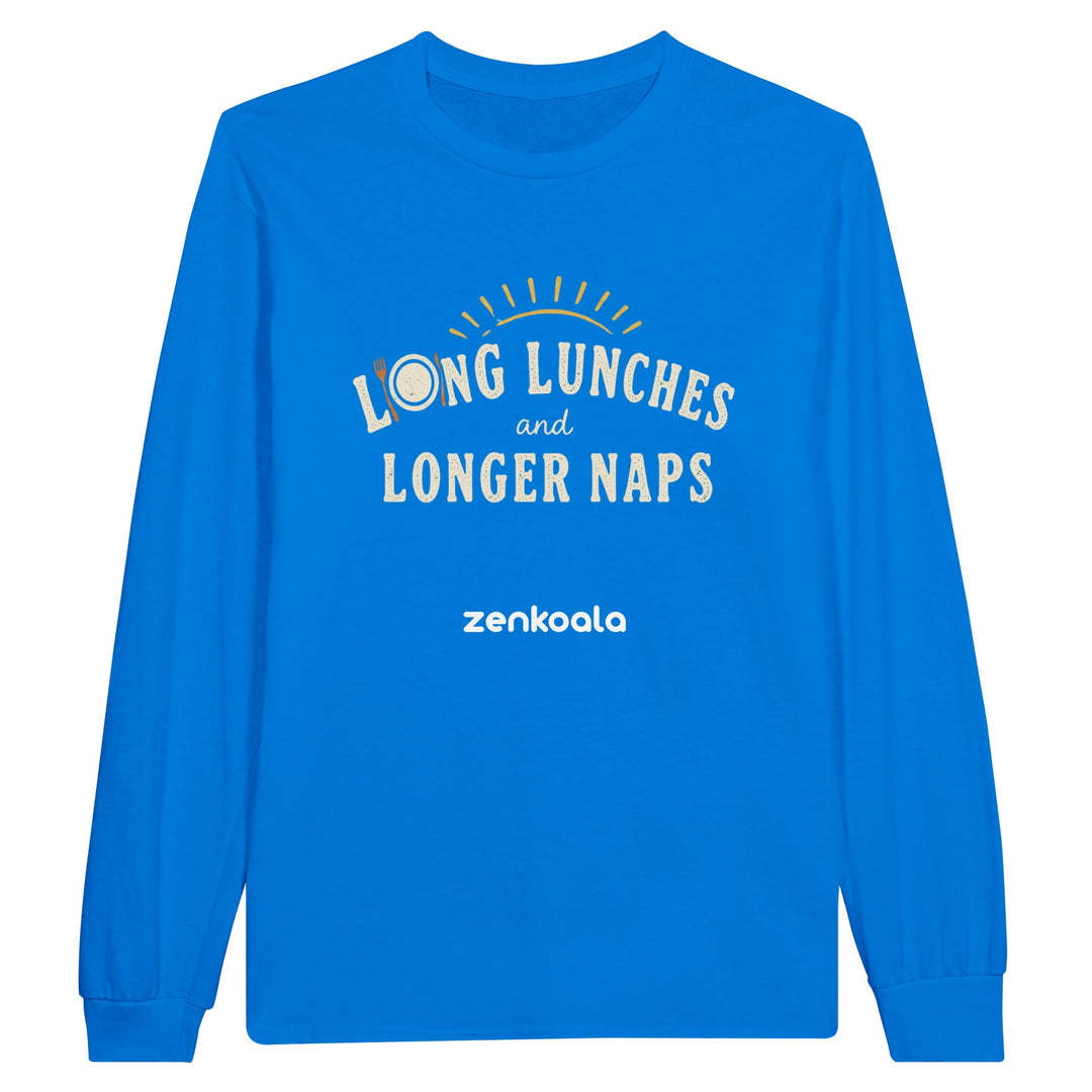 Long Lunches and Longer Naps long sleeve tee in royal — Zen Koala Australia