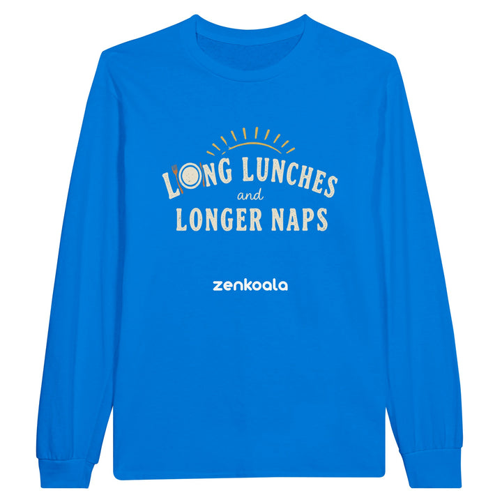 Long Lunches and Longer Naps long sleeve tee in royal — Zen Koala Australia
