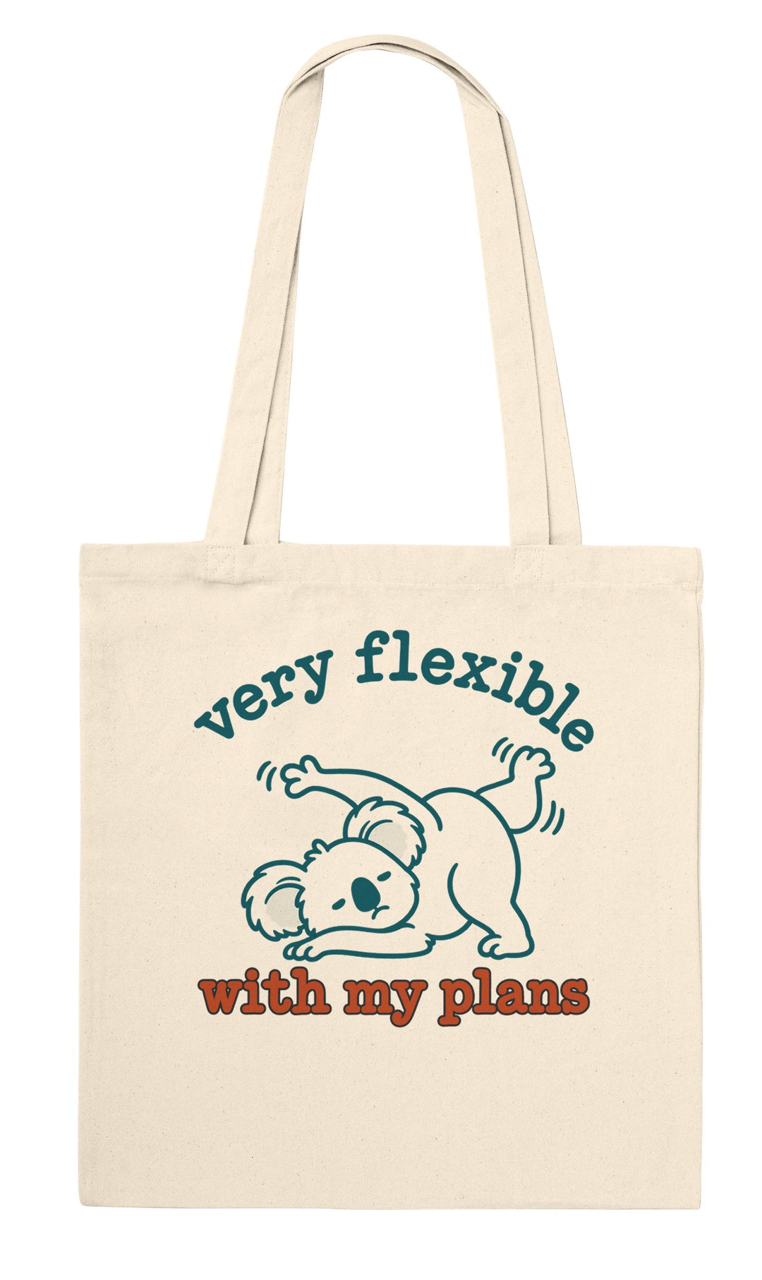 Very Flexible With My Plans feel-good tote bag in natural: a koala in a yoga stretch that isn&