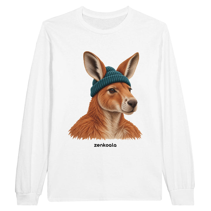 Kangaroo Beanie feel-good long sleeve tee in white: a kangaroo in a beanie, Zen Koala Australia