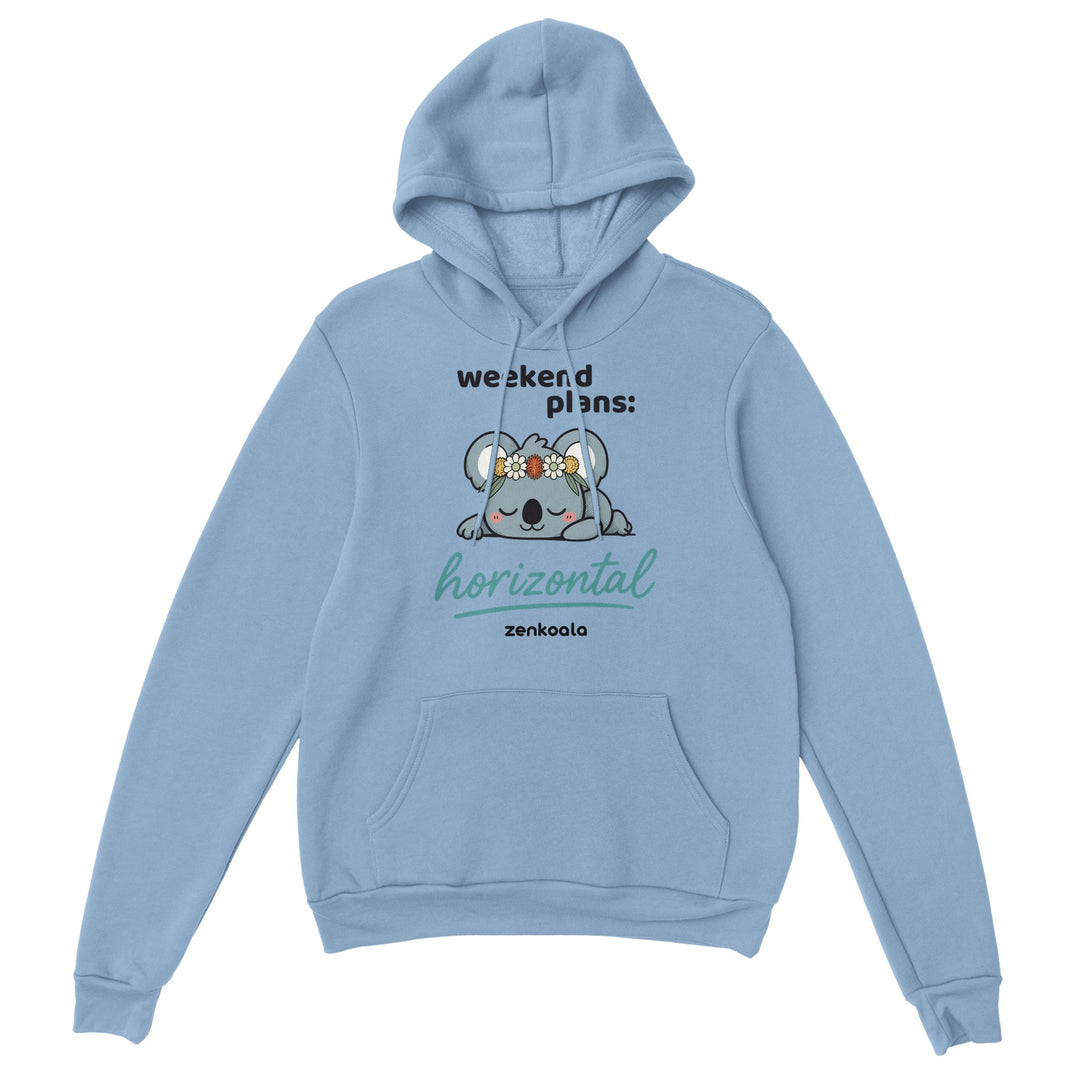 Weekend Plans Horizontal Koala feel-good hoodie in light blue, Zen Koala Australia