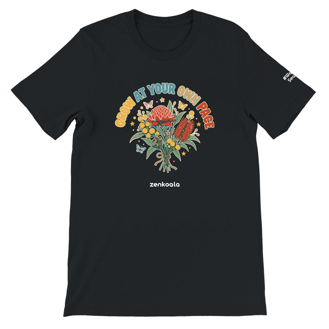 Grow at Your Own Pace feel-good tee in black, Zen Koala Australia