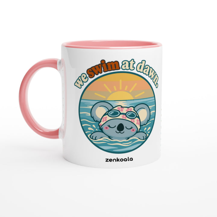 We Swim at Dawn mug in pink: white with a pink rim, inside and handle, Zen Koala Australia
