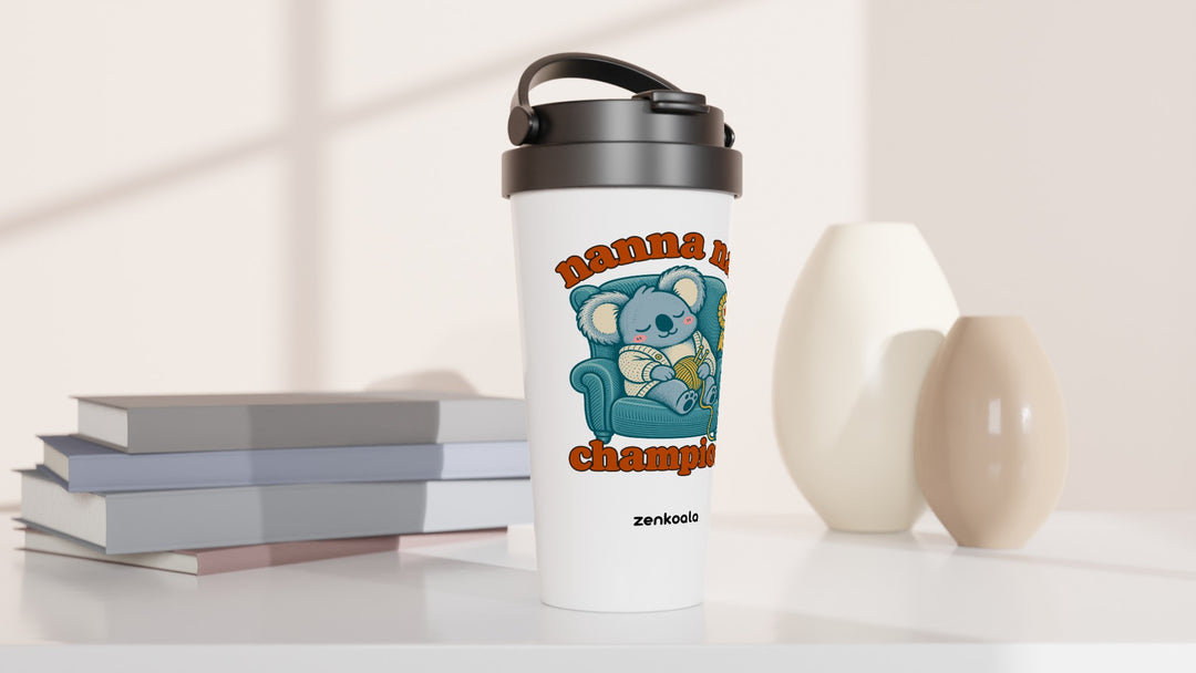 Nanna Nap Champion travel mug beside books and vases, Zen Koala Australia