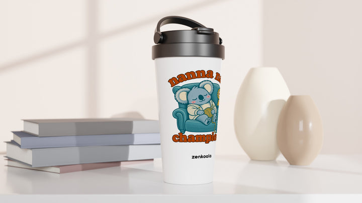 Nanna Nap Champion travel mug beside books and vases, Zen Koala Australia