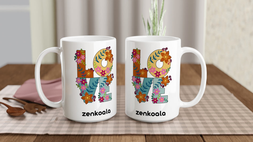 Two Love 15oz mugs on a table, showing both sides of the design, Zen Koala Australia