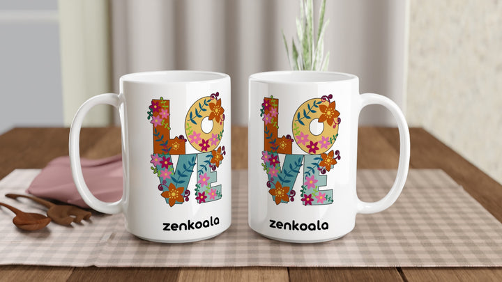 Two Love 15oz mugs on a table, showing both sides of the design, Zen Koala Australia