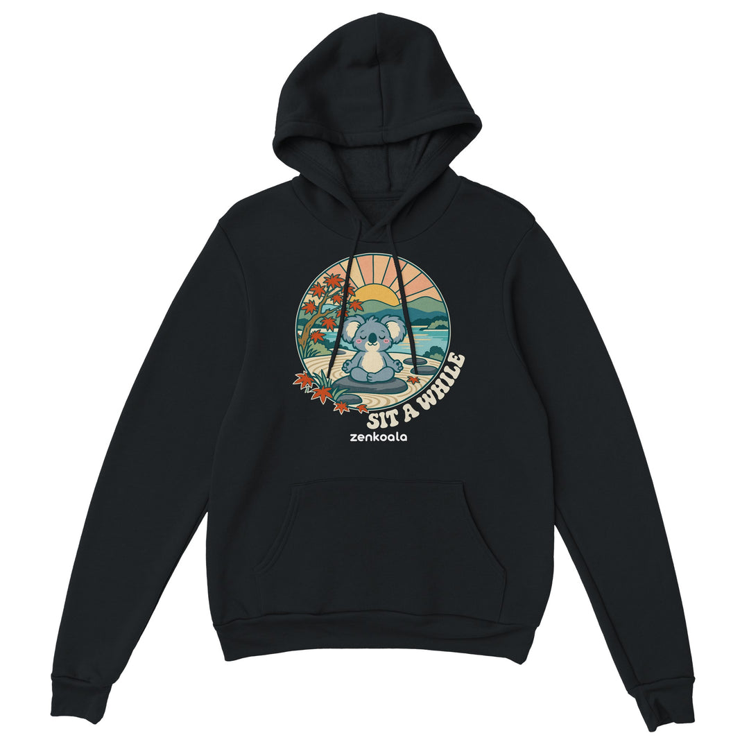 Sit a While feel-good hoodie in black, Zen Koala Australia