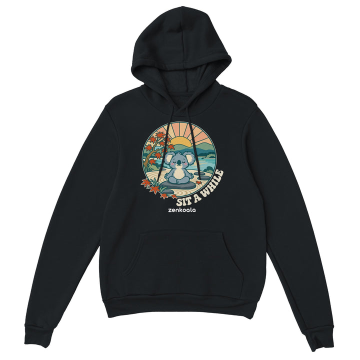 Sit a While feel-good hoodie in black, Zen Koala Australia