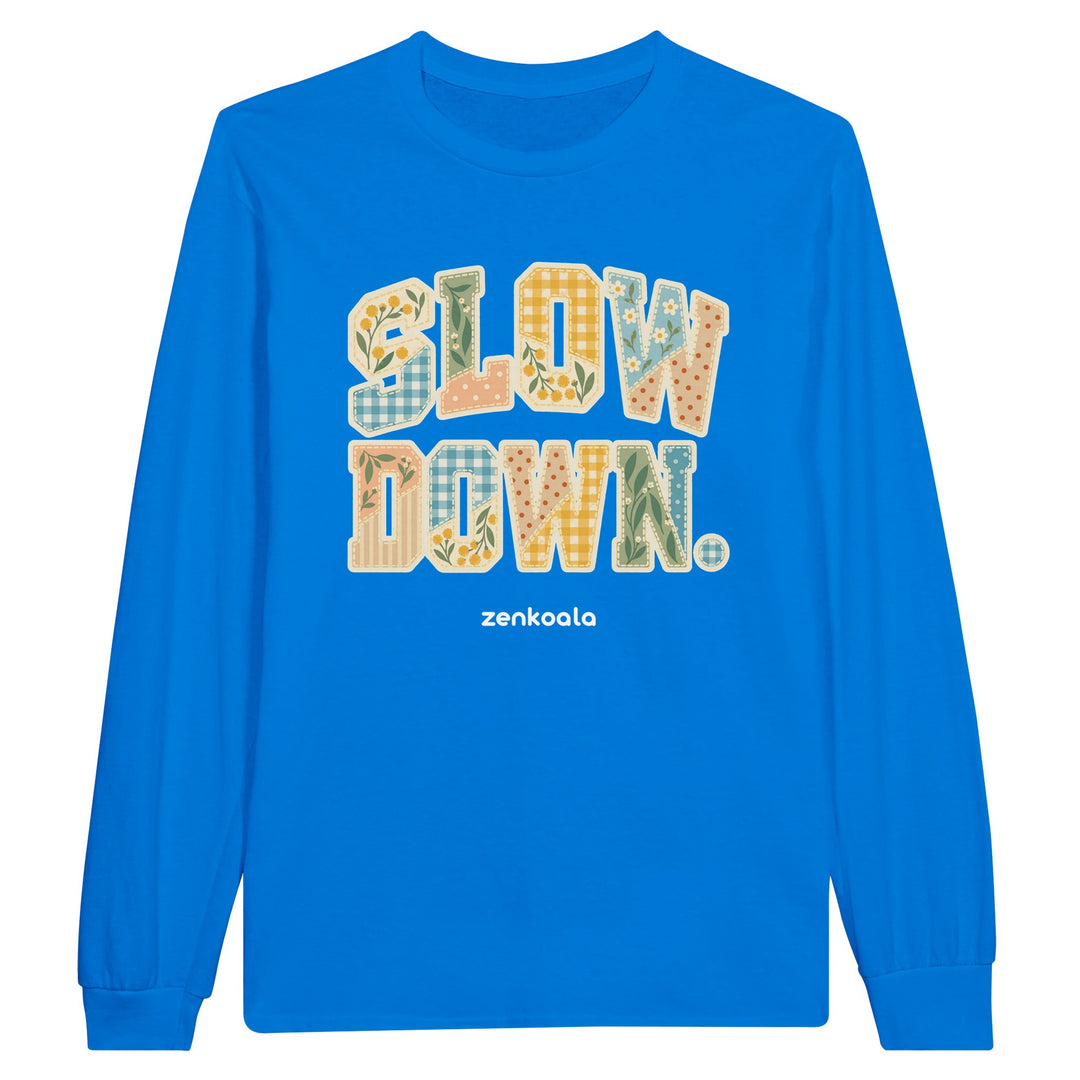 Slow Down Faux Patchwork feel-good long sleeve tee in royal: faux patchwork letters in Aussie florals, Zen Koala Australia