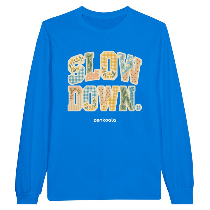 Slow Down Faux Patchwork feel-good long sleeve tee in royal: faux patchwork letters in Aussie florals, Zen Koala Australia