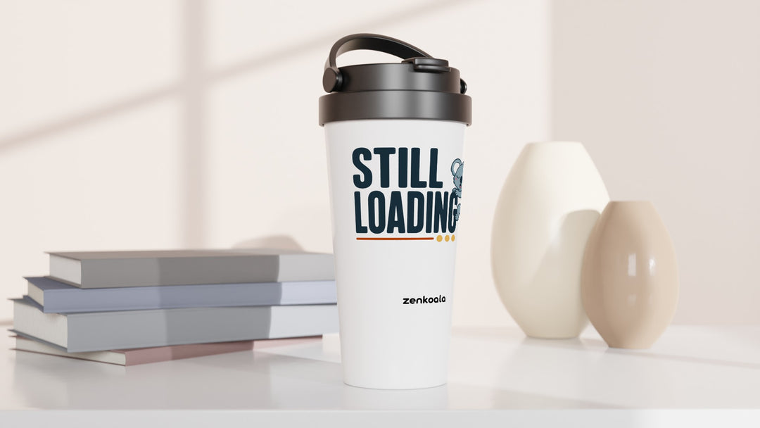 Still Loading Koala travel mug beside books and vases, Zen Koala Australia