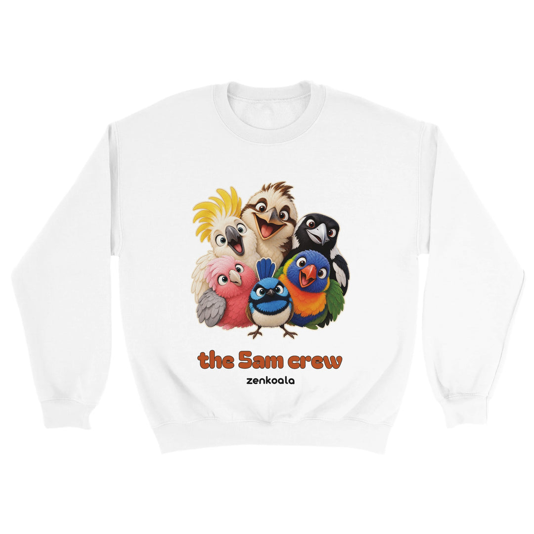 The 5am Crew feel-good sweatshirt in white: a noisy gang of Aussie birds, Zen Koala Australia