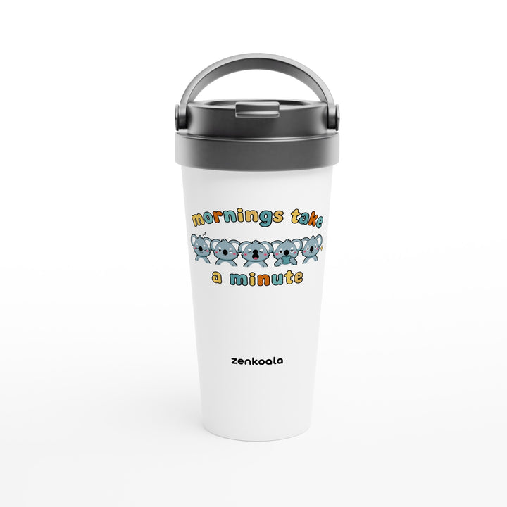 Mornings Take a Minute feel-good travel mug: five koalas waking up in stages, Zen Koala Australia