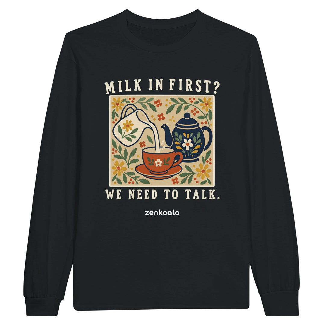 Milk in First feel-good long sleeve tee in black, Zen Koala Australia