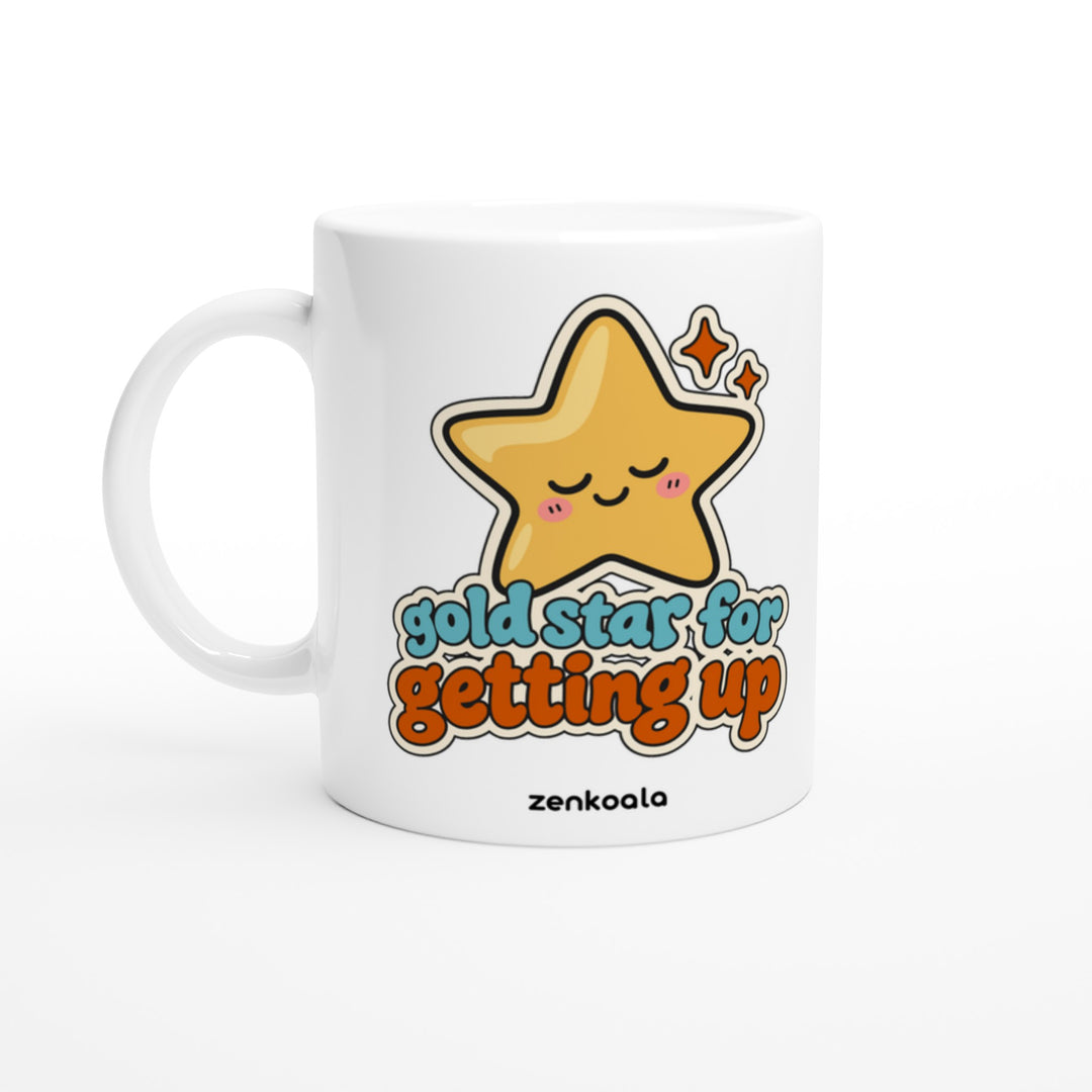 Gold Star for Getting Up mug in all white, Zen Koala Australia