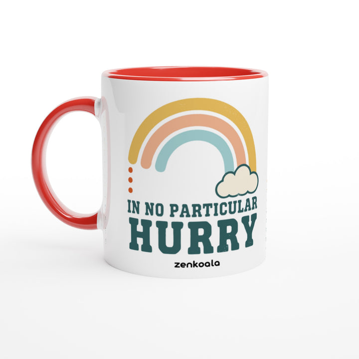 In No Particular Hurry feel-good mug: a soft retro rainbow and a fluffy cloud, Zen Koala Australia