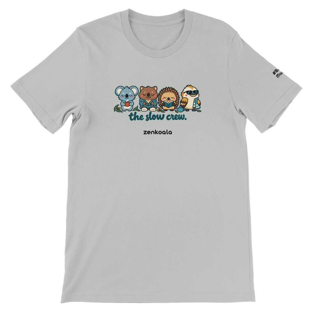 The Slow Crew feel-good tee in silver, Zen Koala Australia