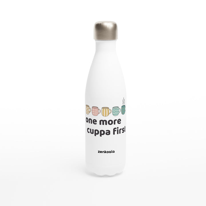 One More Cuppa First feel-good water bottle: a row of patterned cuppas, one still steaming, Zen Koala Australia