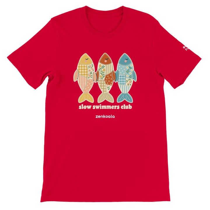 Slow Swimmers Club feel-good tee in red, Zen Koala Australia