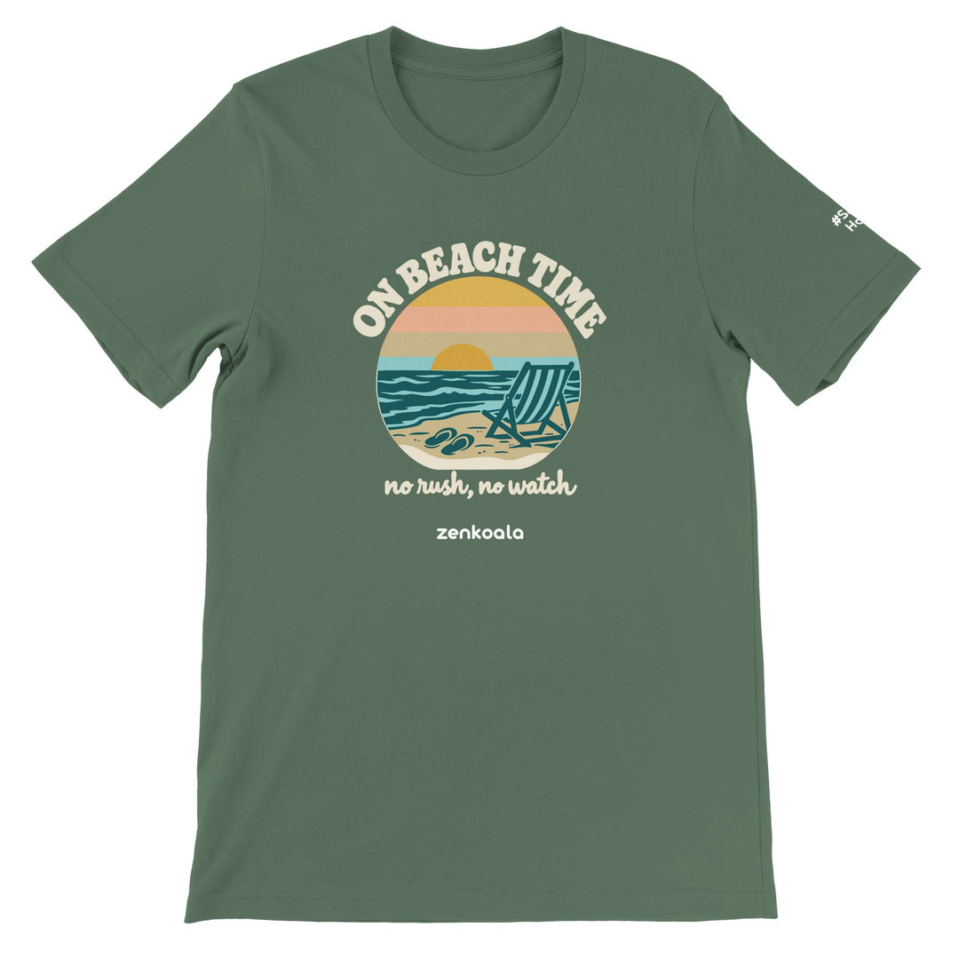 On Beach Time feel-good tee in military green, Zen Koala Australia