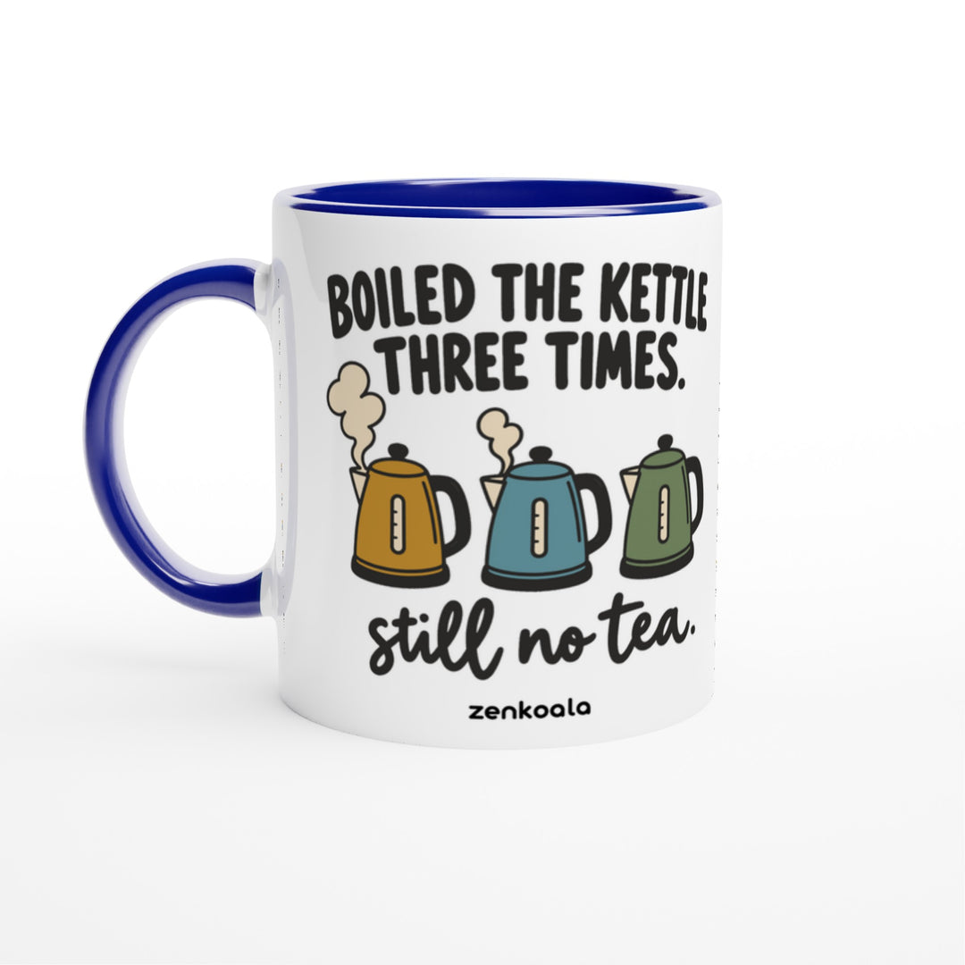 Boiled the Kettle Three Times mug in blue: white with a blue rim, inside and handle, Zen Koala Australia