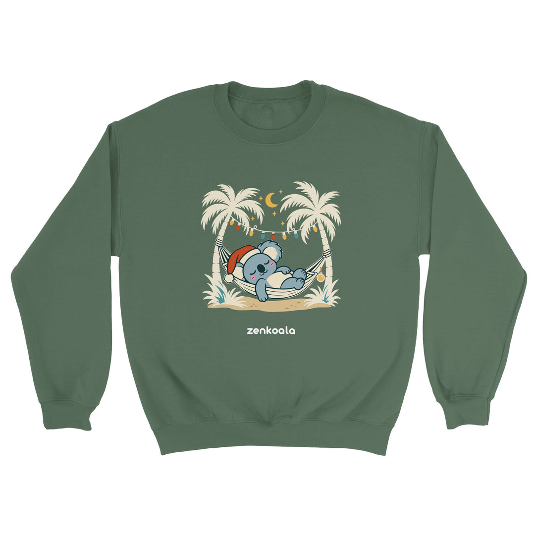 Koala Santa Hammock feel-good sweatshirt in military green: a koala in a Santa hat dozing in a hammock, Zen Koala Australia