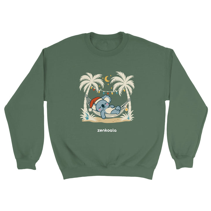 Koala Santa Hammock feel-good sweatshirt in military green: a koala in a Santa hat dozing in a hammock, Zen Koala Australia
