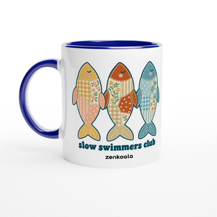 Slow Swimmers Club feel-good mug: three sleepy faux patchwork fish, Zen Koala Australia