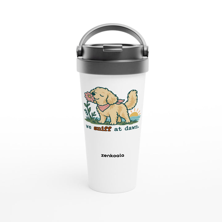 We Sniff at Dawn feel-good travel mug: a golden retriever sniffing a flower, Zen Koala Australia