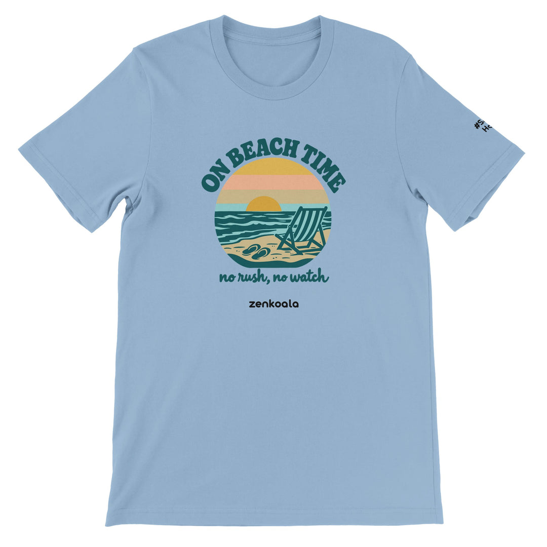 On Beach Time feel-good tee in light blue, Zen Koala Australia