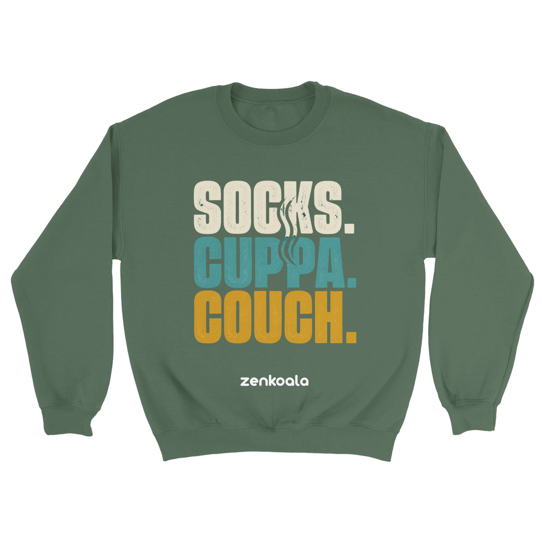 Socks Cuppa Couch feel-good sweatshirt in military green — Zen Koala Australia
