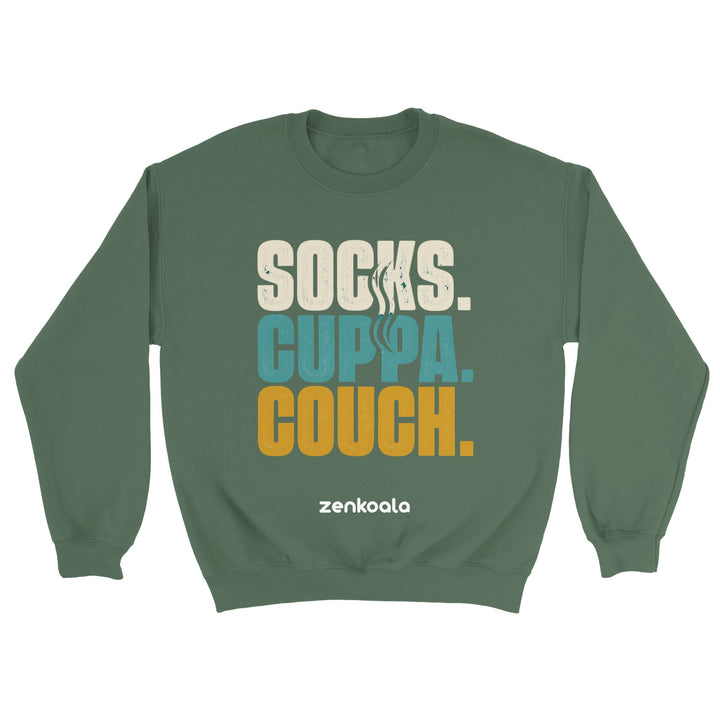 Socks Cuppa Couch feel-good sweatshirt in military green — Zen Koala Australia