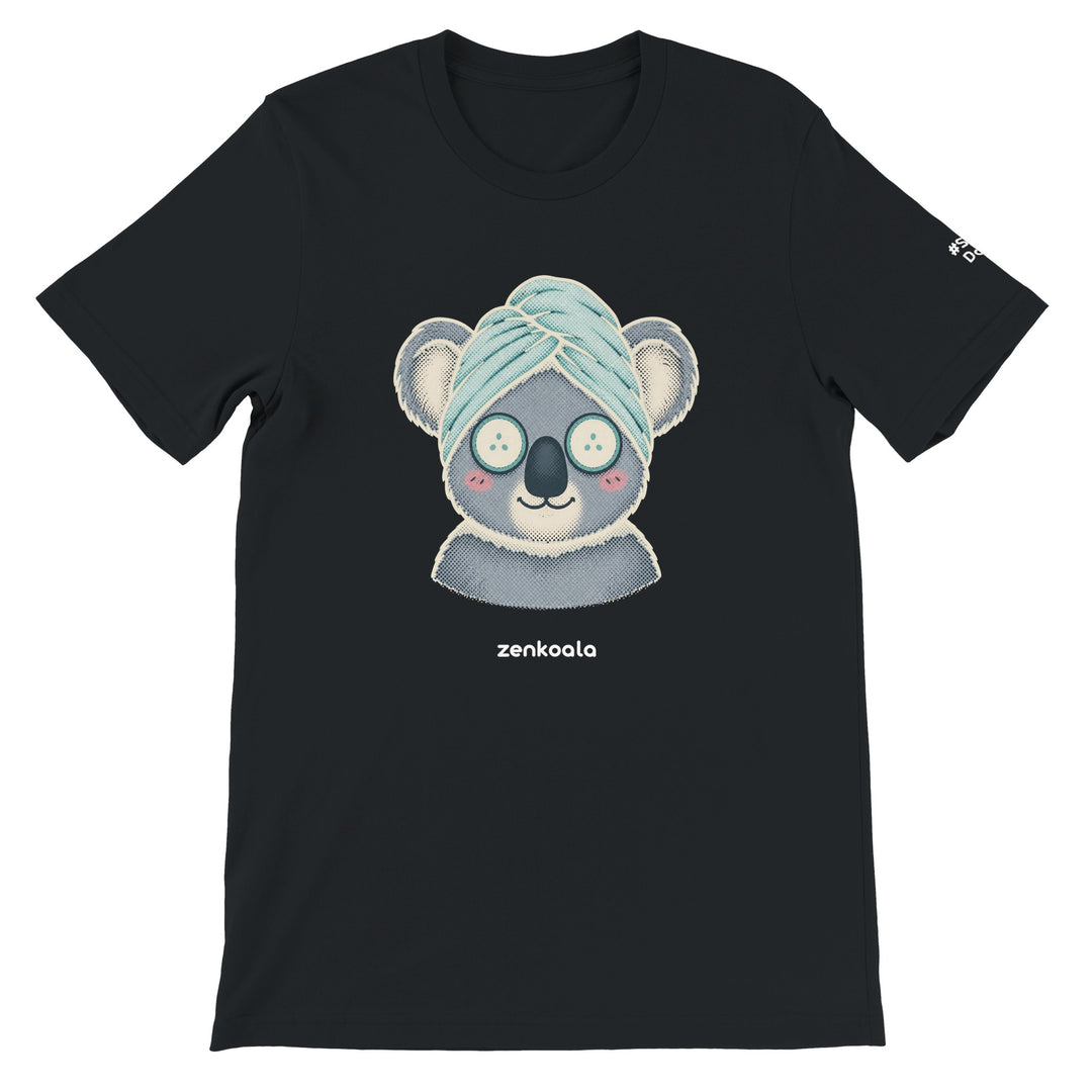 Koala Spa Day feel-good tee in black, Zen Koala Australia