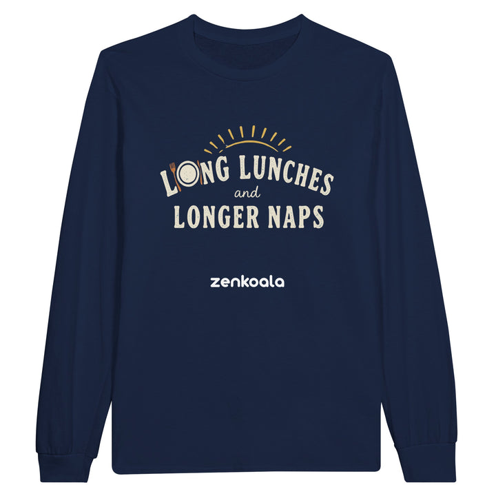 Long Lunches and Longer Naps long sleeve tee in navy — Zen Koala Australia