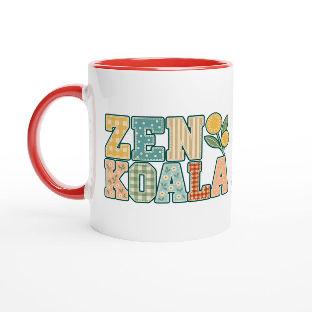 Zen Koala Faux Patchwork mug in red: white with a red rim, inside and handle, Zen Koala Australia