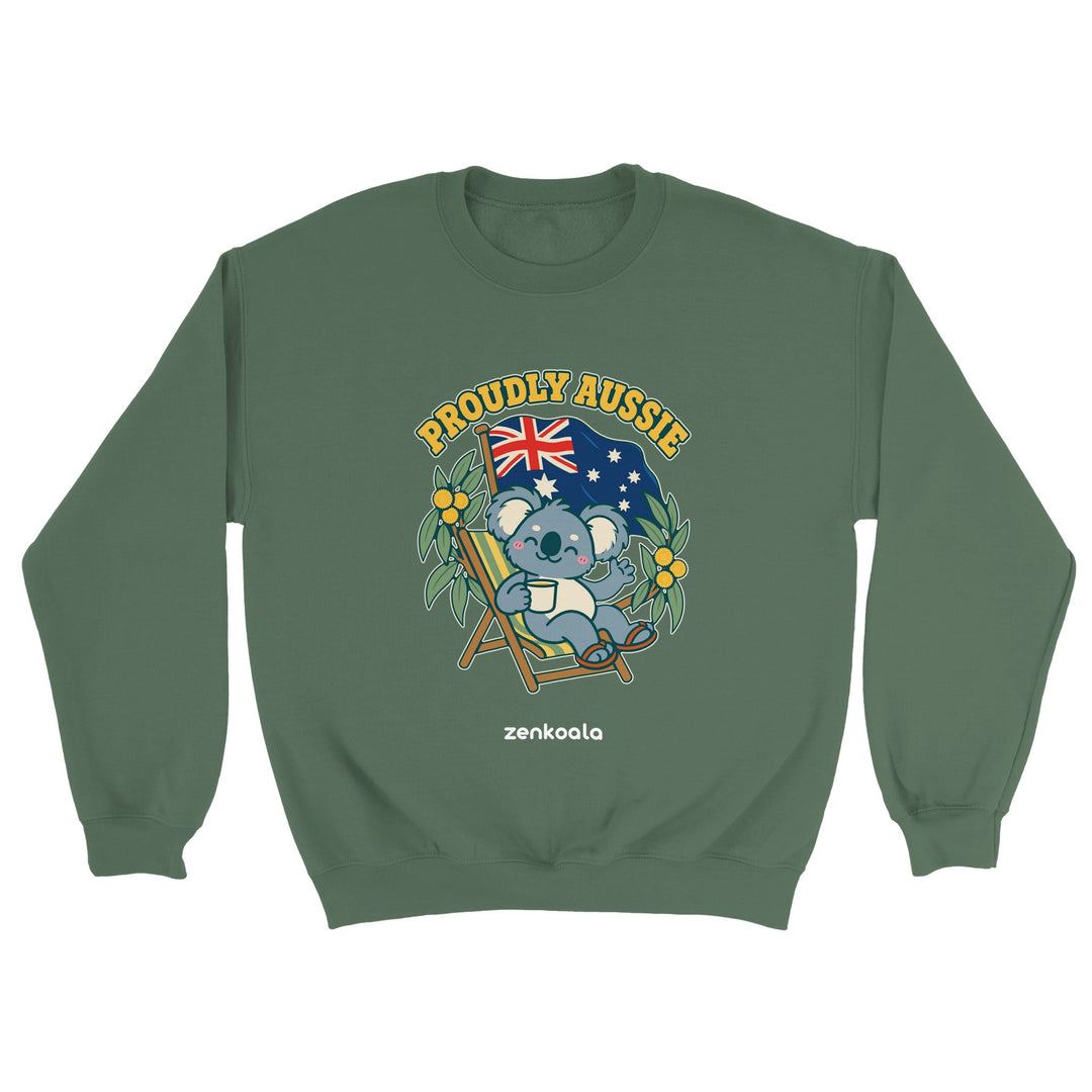 Proudly Aussie feel-good sweatshirt in military green, Zen Koala Australia