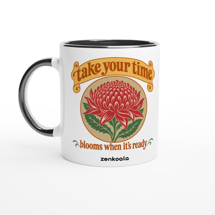 Take Your Time mug in black: white with a black rim, inside and handle, Zen Koala Australia