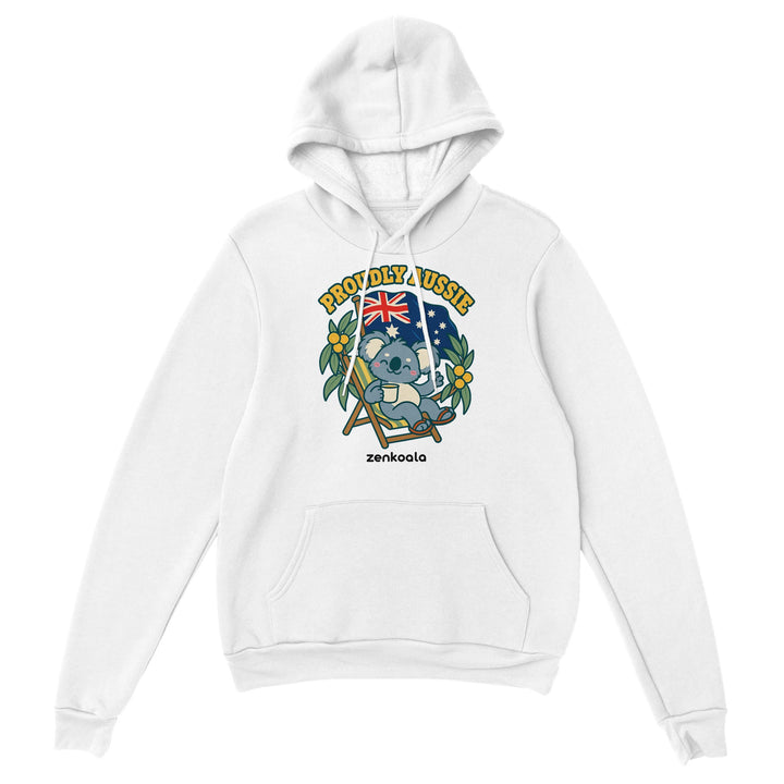 Proudly Aussie feel-good hoodie in white: a koala in a beach chair under the Australian flag, Zen Koala Australia