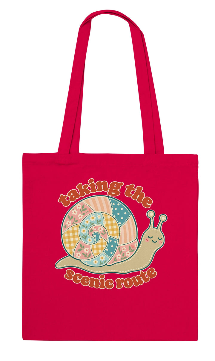 Taking the Scenic Route Snail feel-good tote bag in red, Zen Koala Australia