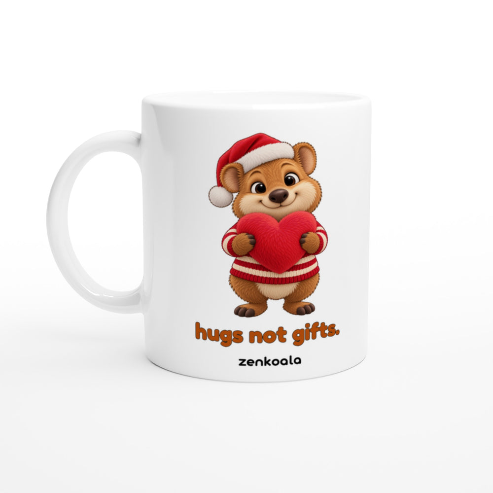 Hugs Not Gifts mug in all white, Zen Koala Australia