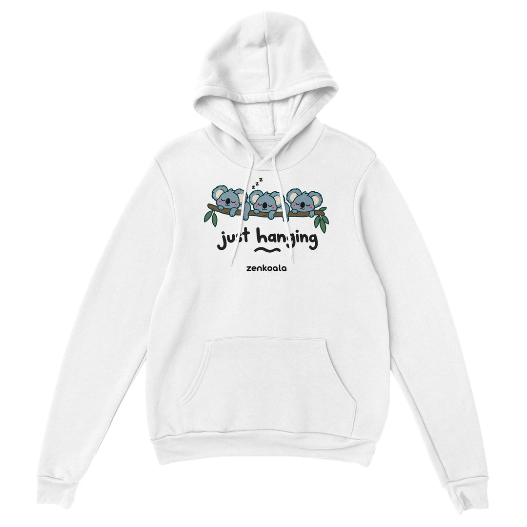 Just Hanging feel-good hoodie in white, Zen Koala Australia
