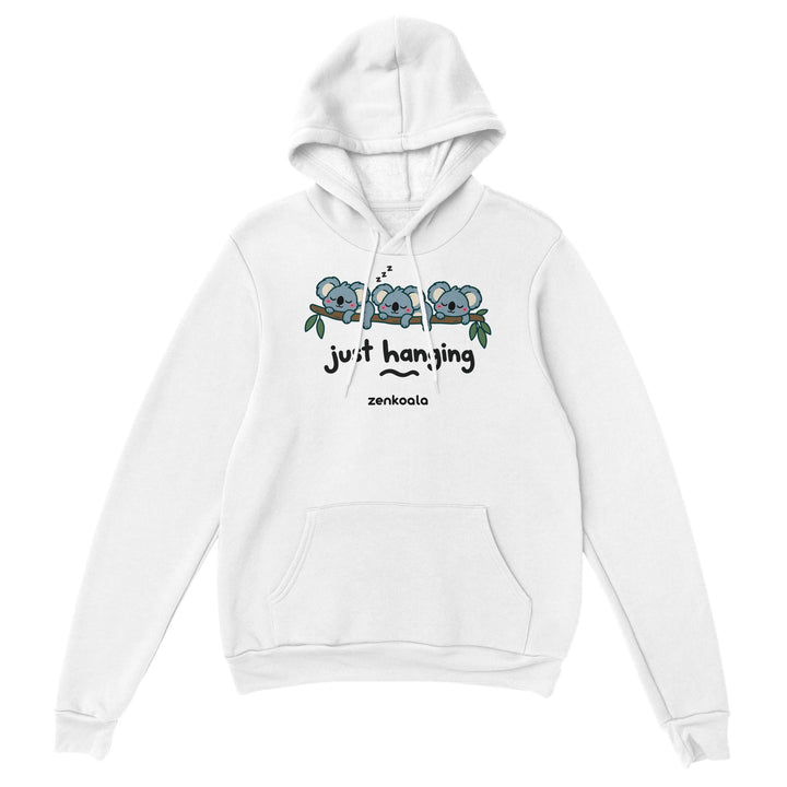 Just Hanging feel-good hoodie in white, Zen Koala Australia