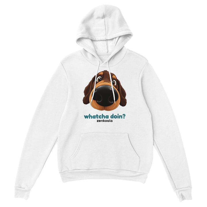 Whatcha Doin? feel-good hoodie in white, Zen Koala Australia