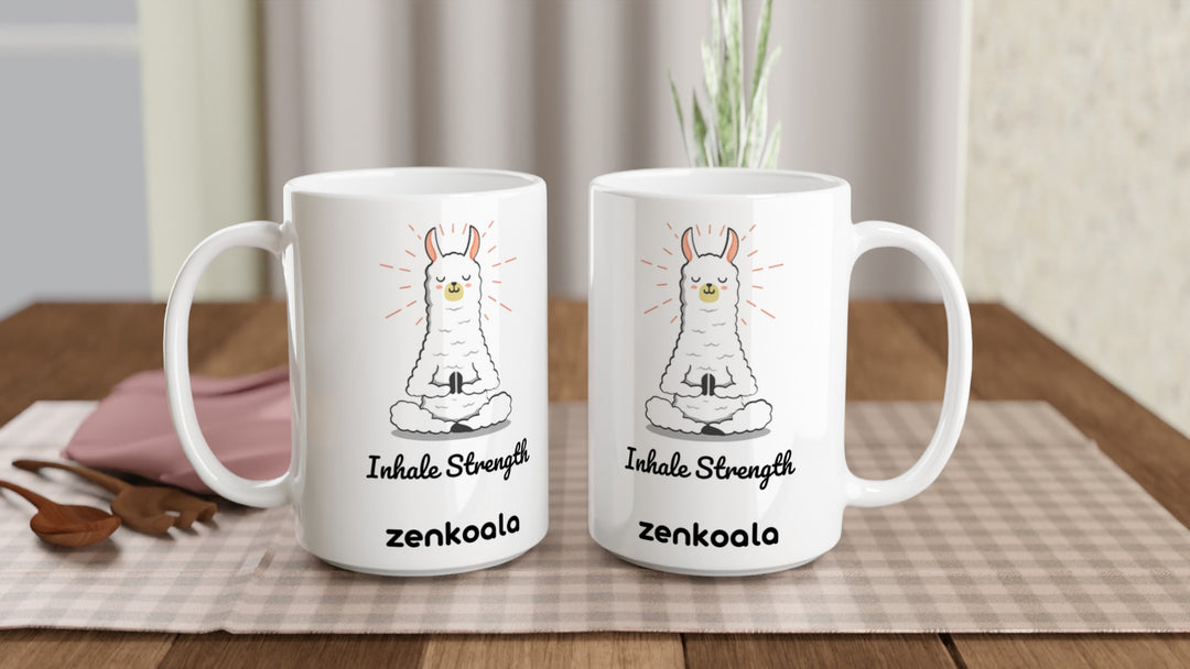 Two Breathe 15oz mugs on a table, showing both sides of the design, Zen Koala Australia