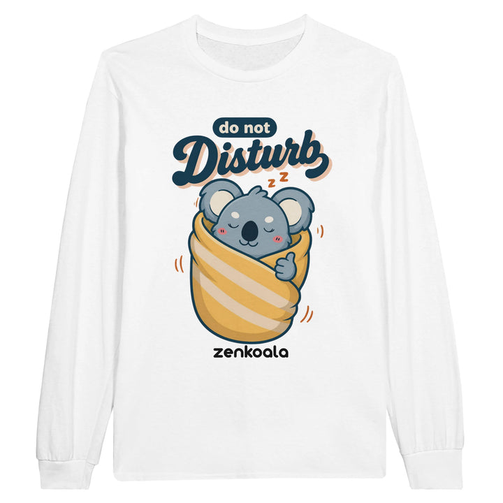 Do Not Disturb long sleeve tee in white — a sleepy koala snug in a blanket burrito, Zen Koala Australia